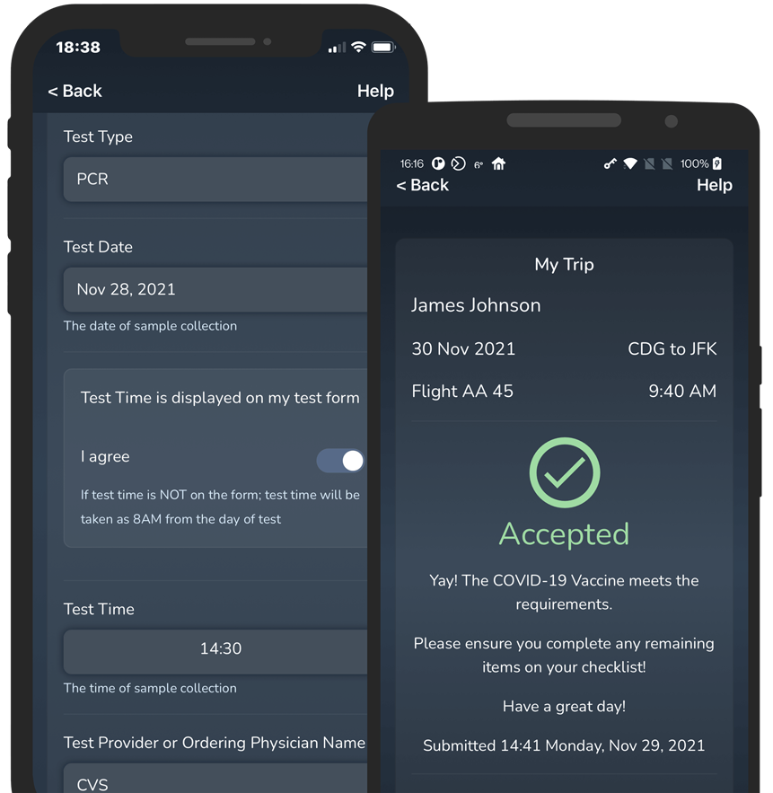 Two smartphones side by side each showing VeriFLY COVID document submission screens: the VeriFLY COVID-19 Test Review screen and the VeriFLY Completed COVID-19 Test Review screen.